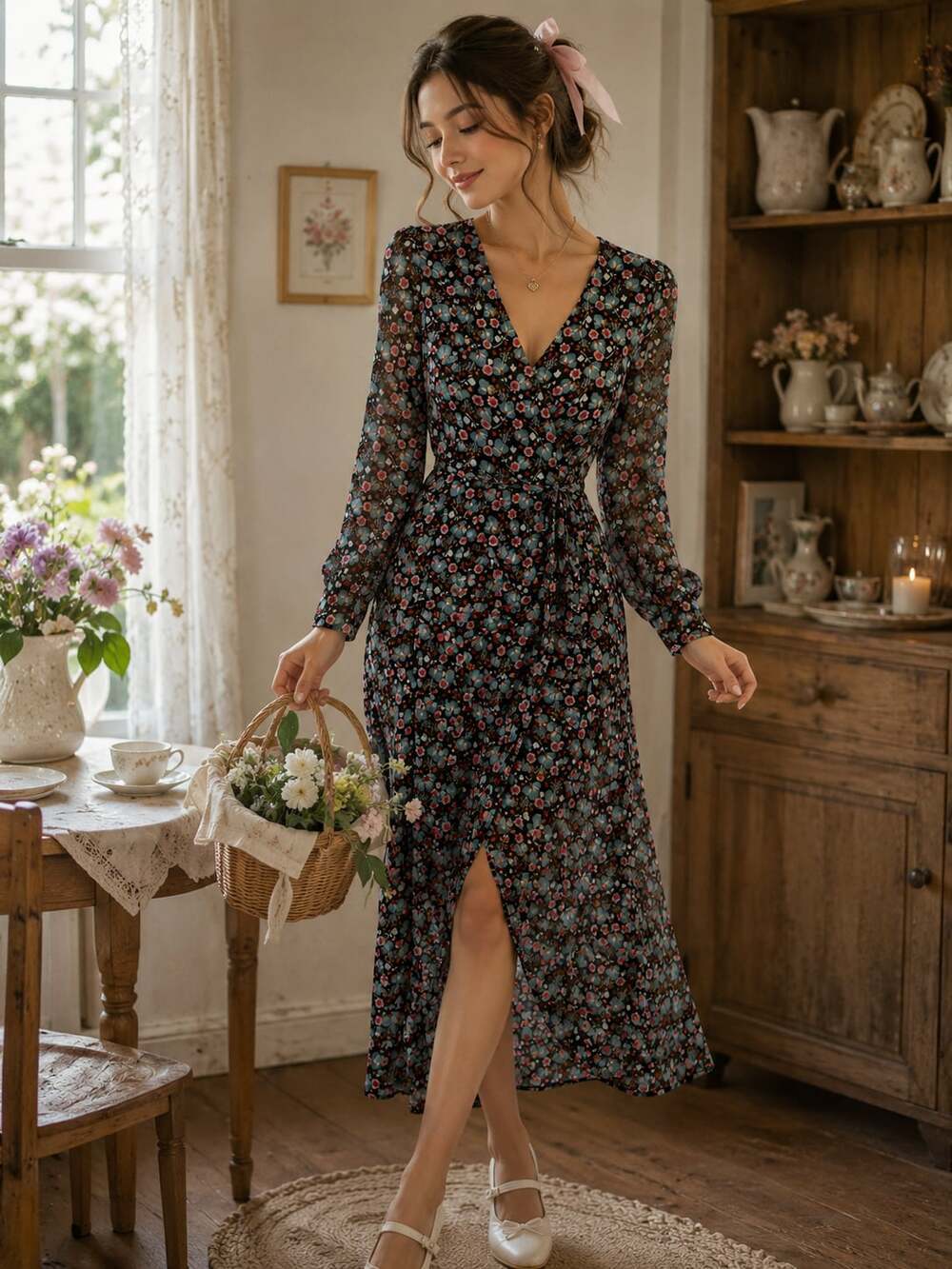 Boden Cottagecore Floral Wrap Midi Dress Coquette Sheer Sleeve US 6